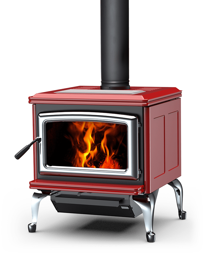 Summit-Classic-LE-wood-stove-sunset-red-porcelain-nickel-door-nickel-legs