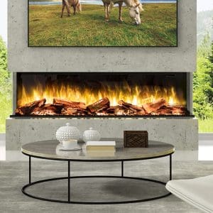 Interior with yellow sofas and fireplace 3D rendering