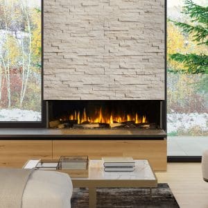 Interior of living room with stylish fireplace 3D rendering