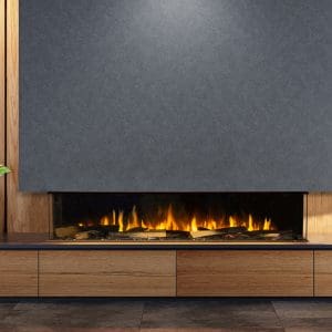 Interior of living room with stylish fireplace 3D rendering