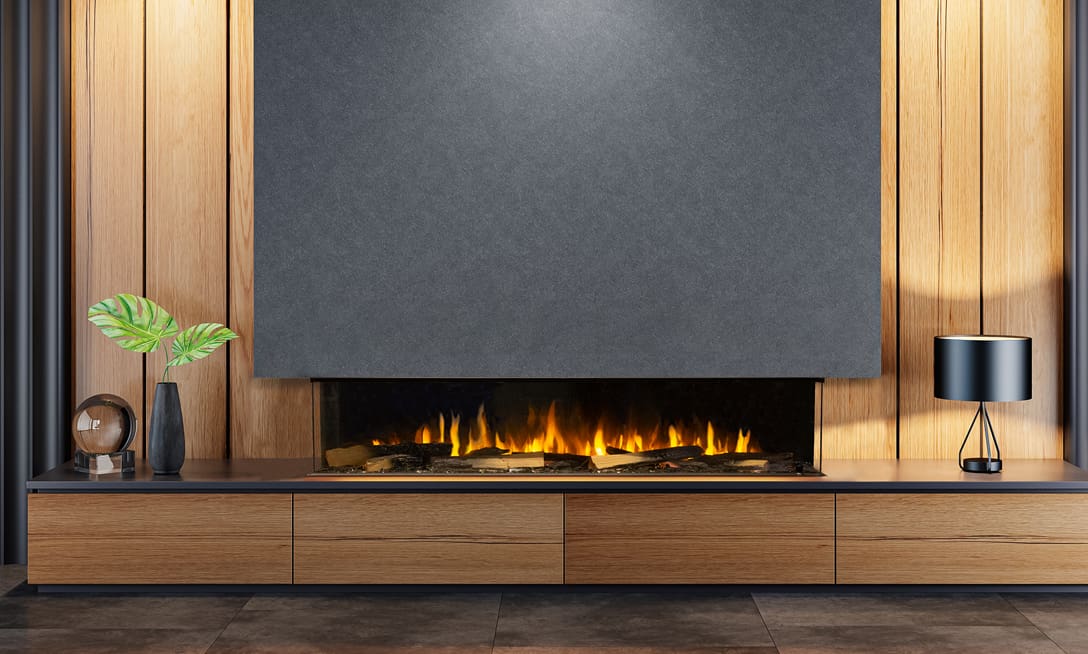 Interior of living room with stylish fireplace 3D rendering