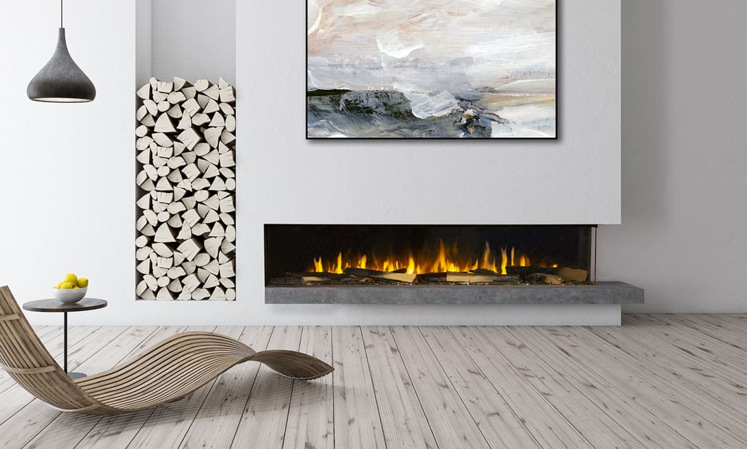 Interior of living room with stylish fireplace 3D rendering