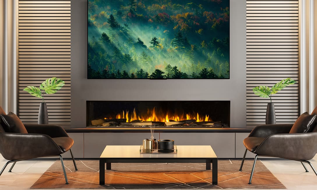 Interior of living room with stylish fireplace 3D rendering
